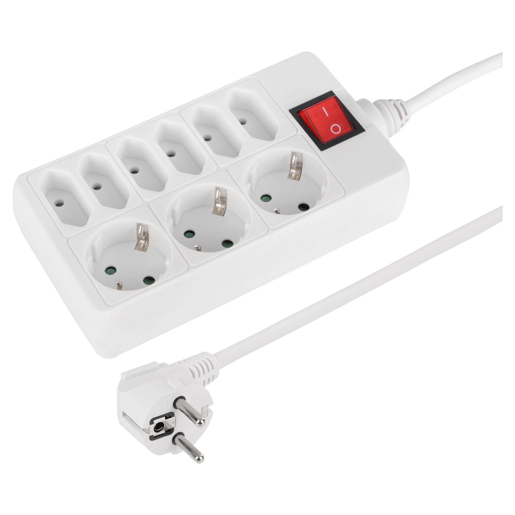 Q-LINK STEKKERDOOS - 9-VOUDIG - 3 X RANDAARDE - 6 X EURO - MET SCHAKELAAR - 3 X 1.5 MM² - 1.5 M - WIT