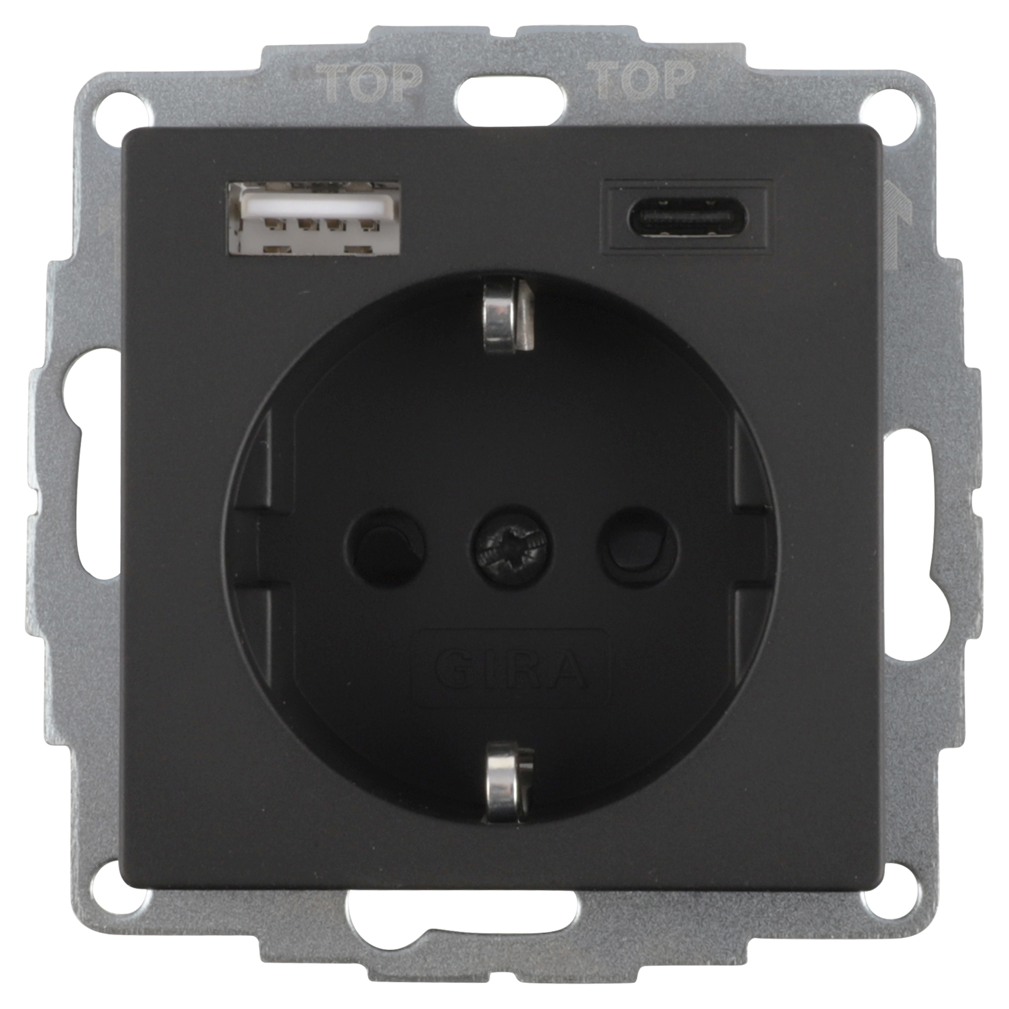 GIRA E2 CONTACTDOOS - INBOUW - 1-VOUDIG - RANDAARDE - USB A/C - ZWART