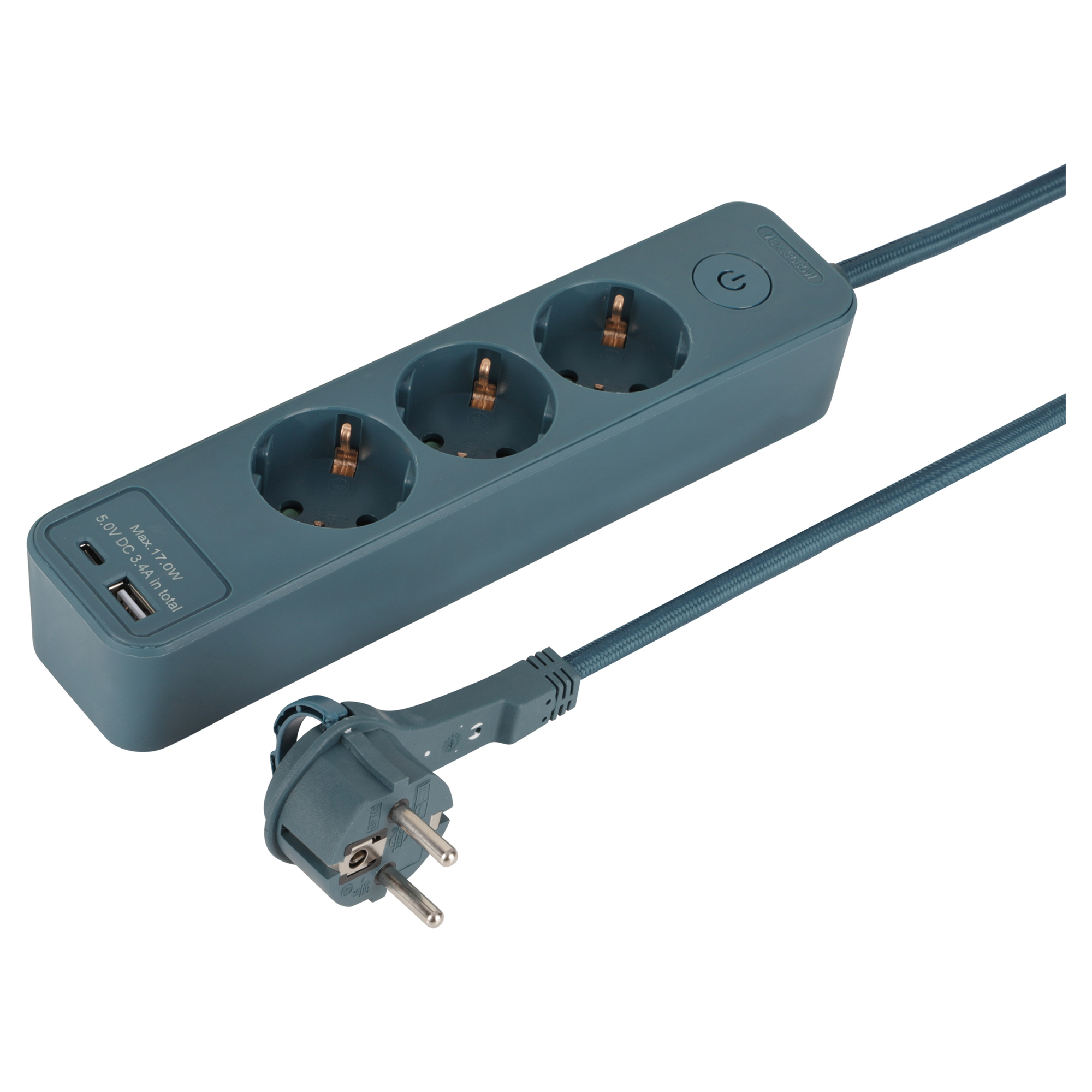 Q-LINK STEKKERDOOS - 3-VOUDIG - RANDAARDE - PLAT - USB A/C - 1.5 M - 3 X 1.5 MM² - TEXTIEL - PETROL