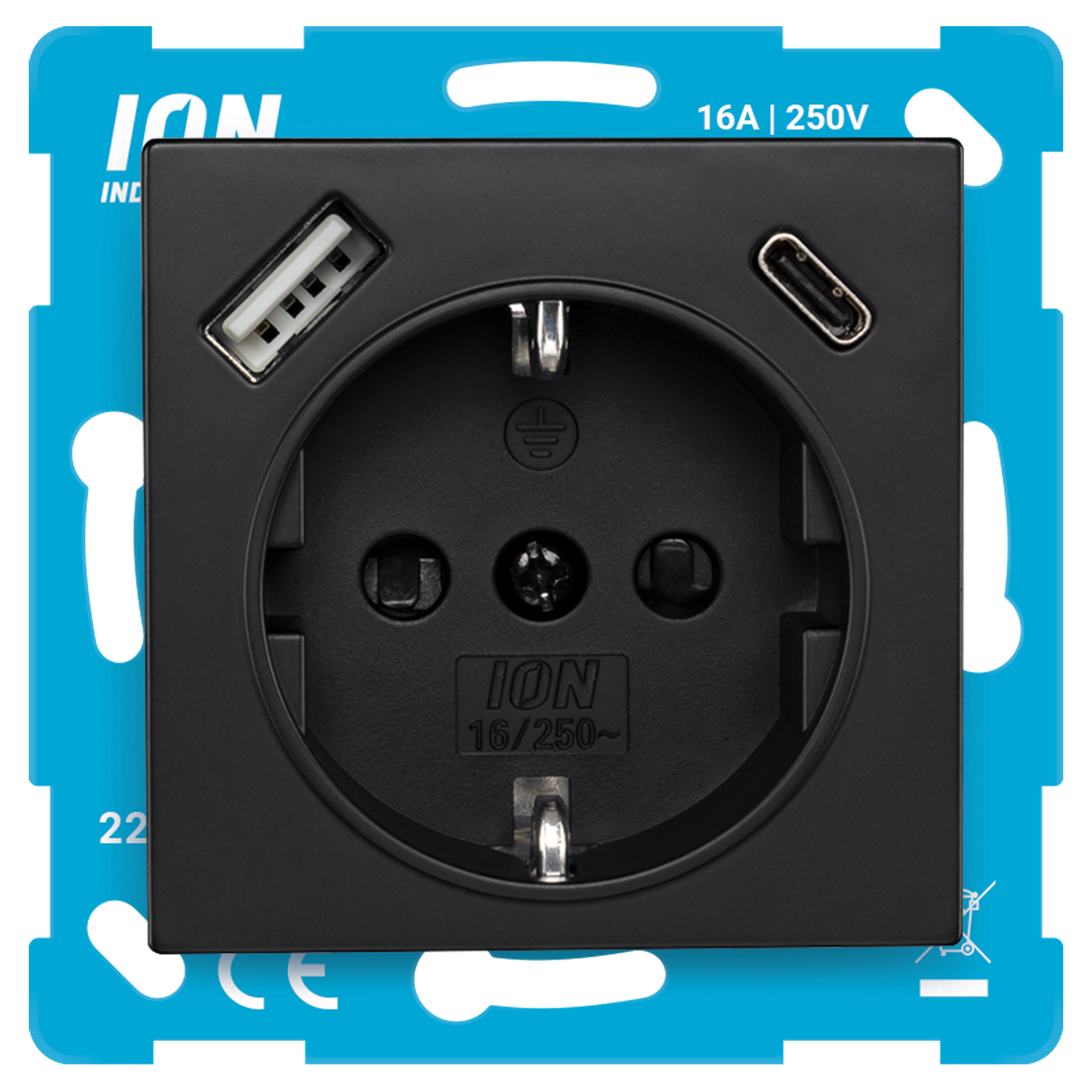 ION INDUSTRIES V1/J1 CONTACTDOOS - INBOUW - 1-VOUDIG - RANDAARDE - USB A/C - MAT ZWART