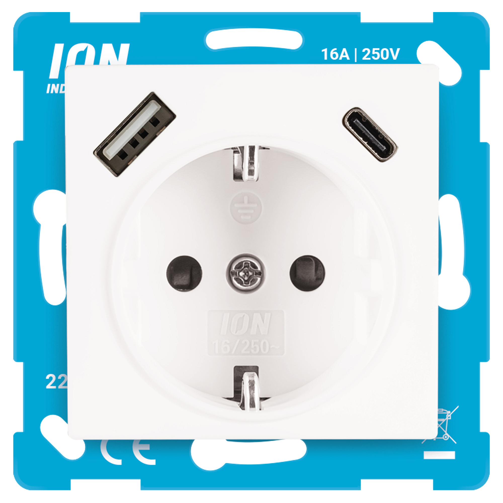 ION INDUSTRIES V1/J1 CONTACTDOOS - INBOUW - 1-VOUDIG - RANDAARDE - USB A/C - ALPIN WIT