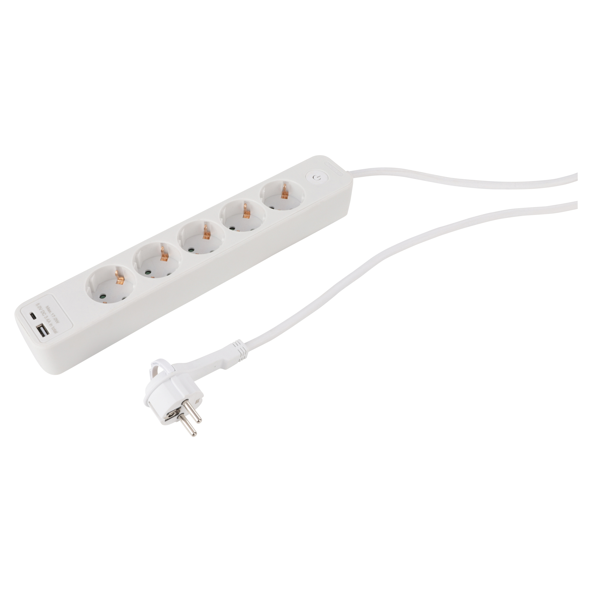 Q-LINK STEKKERDOOS - 5-VOUDIG - RANDAARDE - MET PLATTE STEKKER - USB A/C - 3 X 1.5 MM² - 1.5 M - WIT