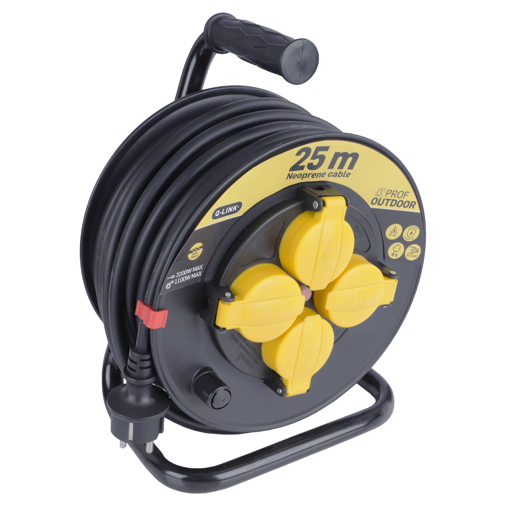 Q-LINK KABELHASPEL - PROF - RANDAARDE - SPATWATERDICHT (IP44) - 3 X 1.5 MM² - 25 M - ZWART/GEEL