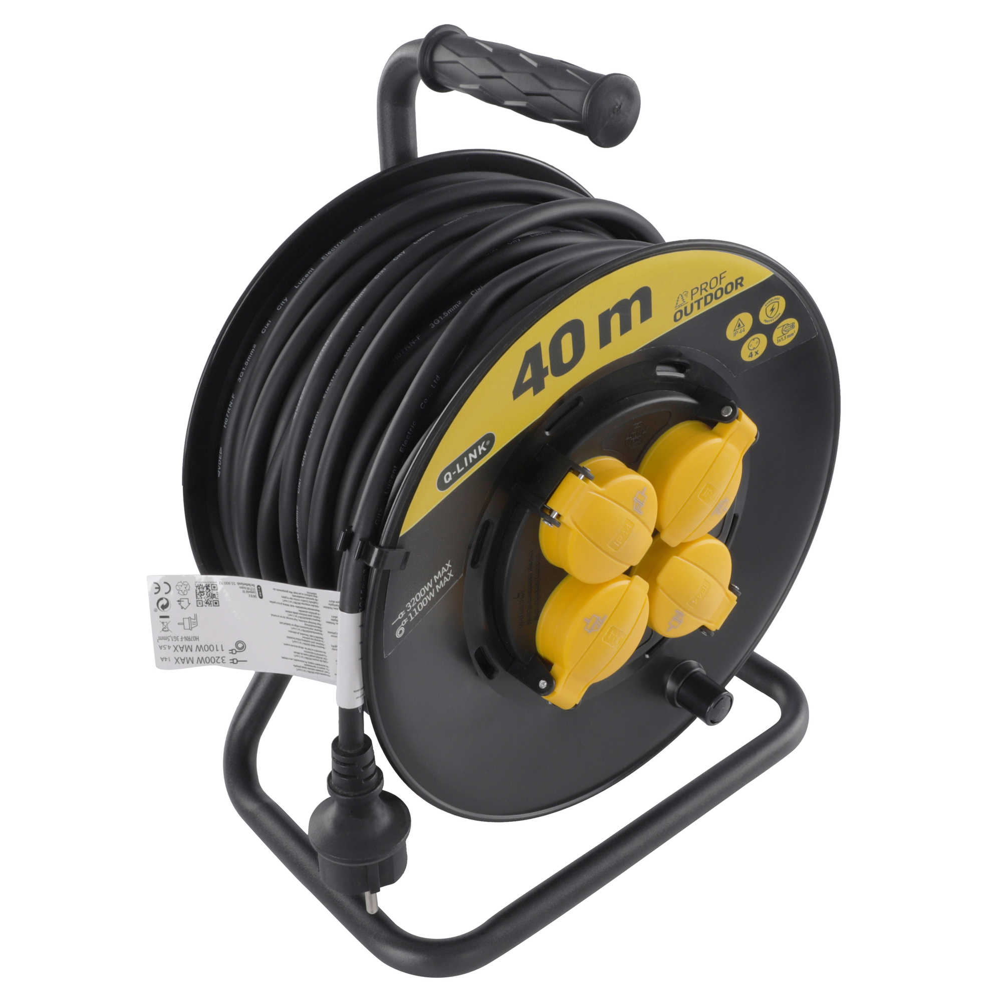 Q-LINK HASPEL - PROF - RANDAARDE - SPATWATERDICHT (IP44) - 3 X 1.5 MM² - 40 M - ZWART/GEEL