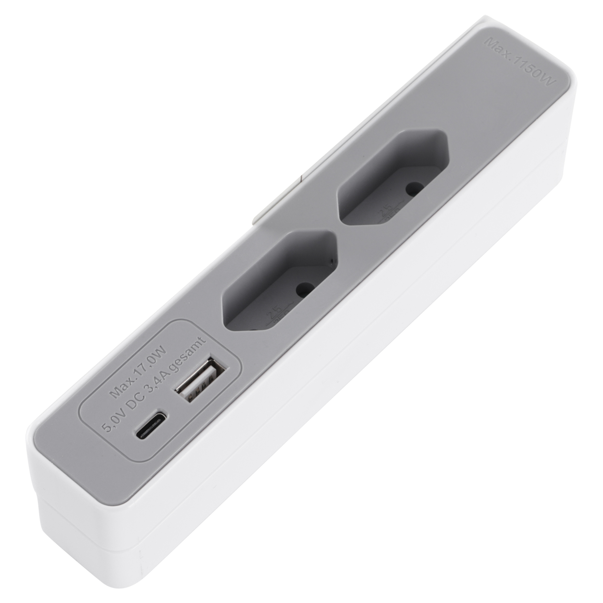 Q-LINK STEKKERDOOS - SOFA - 2 X EURO - USB A/C - MET PLATTE STEKKER - 2 M - WIT/GRIJS