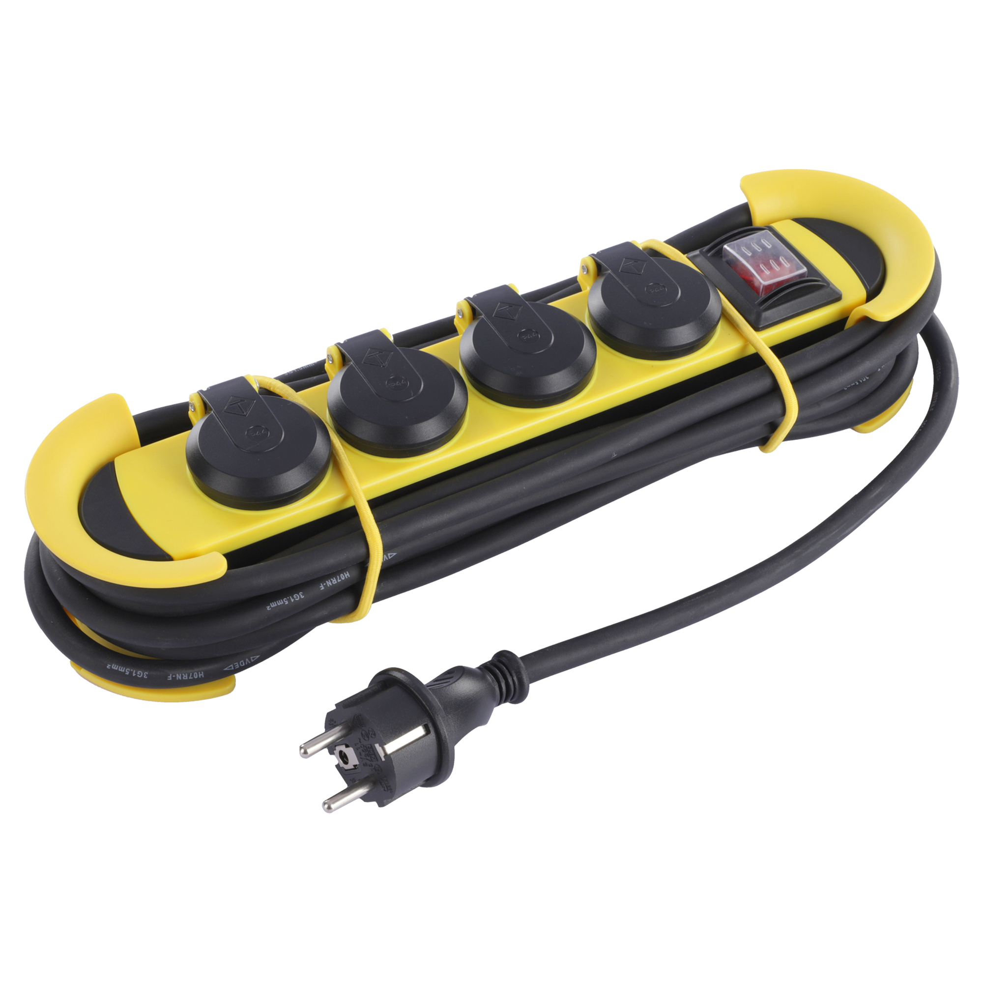 Q-LINK STEKKERDOOS - 4-VOUDIG - RANDAARDE - CM-SYSTEM - IP44 - 3 X 1.5 MM² - 5 M - GEEL/ZWART