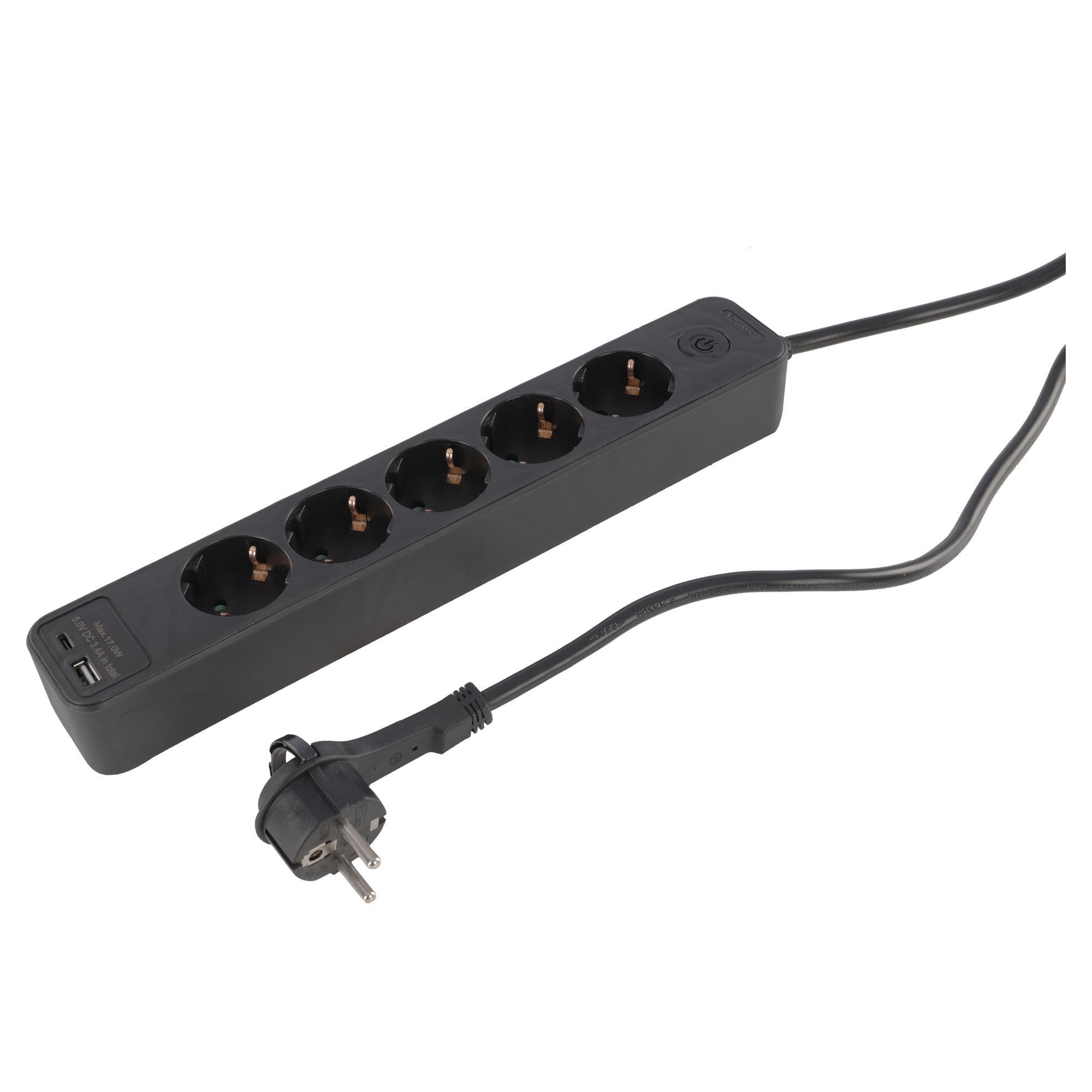 Q-LINK STEKKERDOOS - 5-VOUDIG - RANDAARDE - MET PLATTE STEKKER - USB A/C - 3 X 1.5 MM² - 1.5 M - ZWART