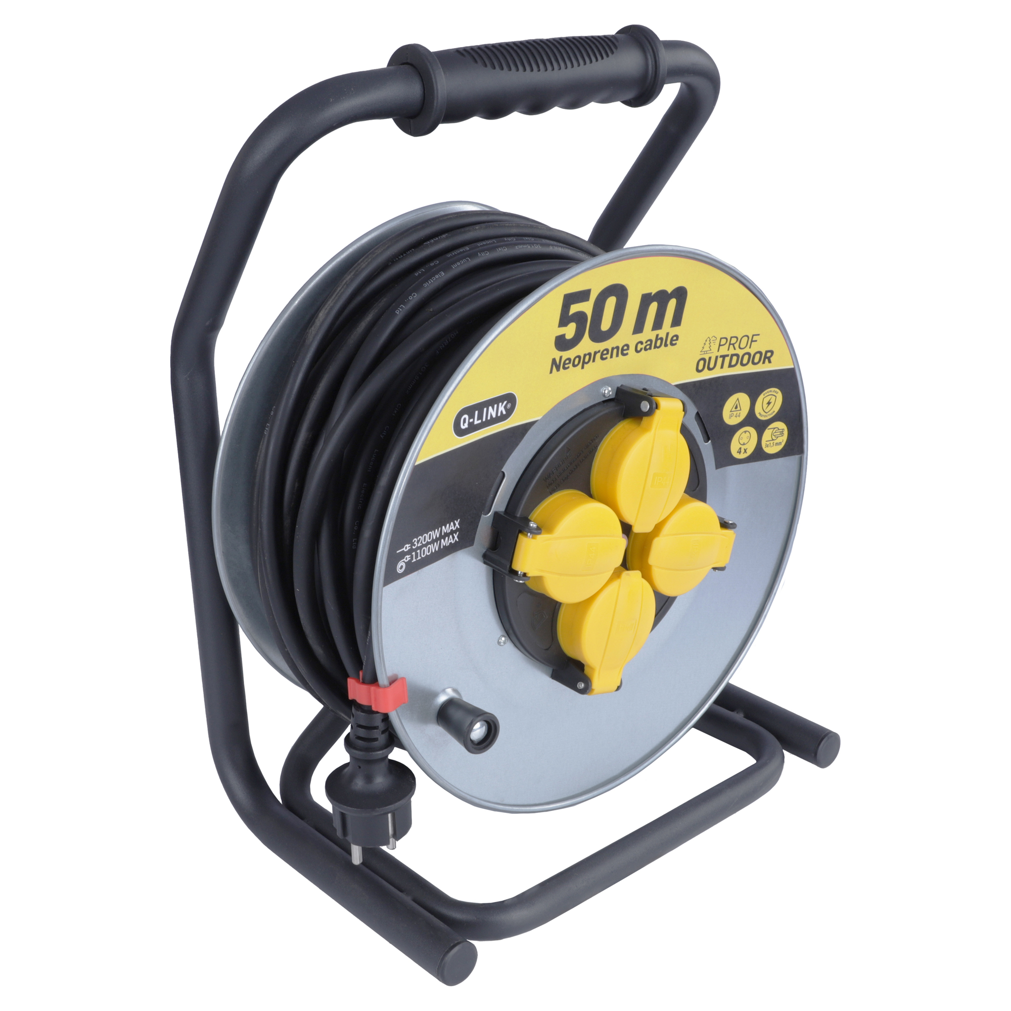 Q-LINK KABELHASPEL - PROF - RANDAARDE - 3 X 1.5 MM² - SPATWATERDICHT (IP44) - 50 M - NEOPREEN - STAAL - GRIJS